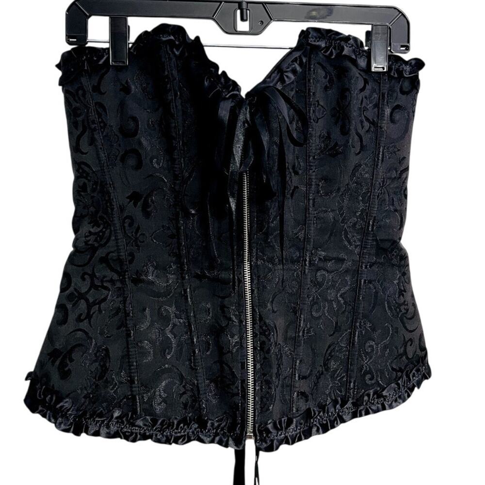 Black Ruffled Full Bust‎ Black Brocade Zip Up Lace Back Corset Size XL Vamp Goth